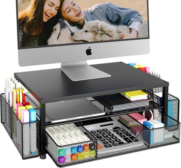 Tier Monitor Stand with Drawer – Black