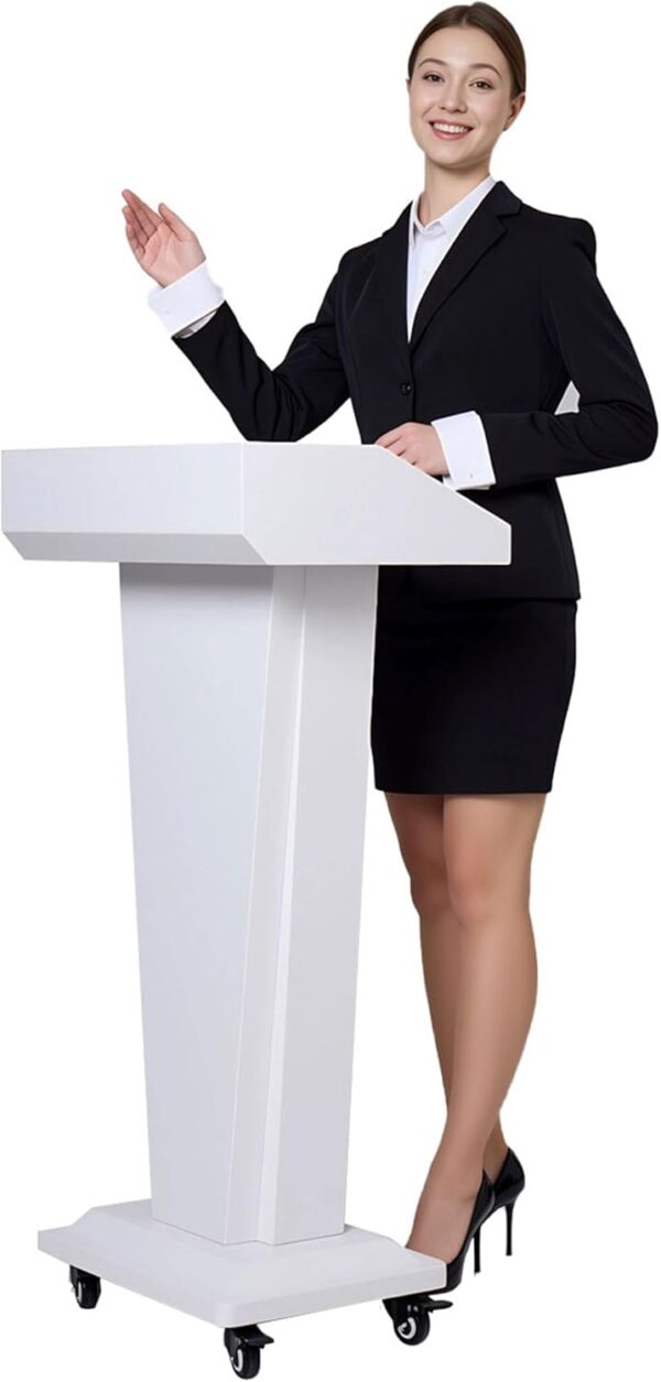 White Metal Podium Stand with Storage – 43.7" H